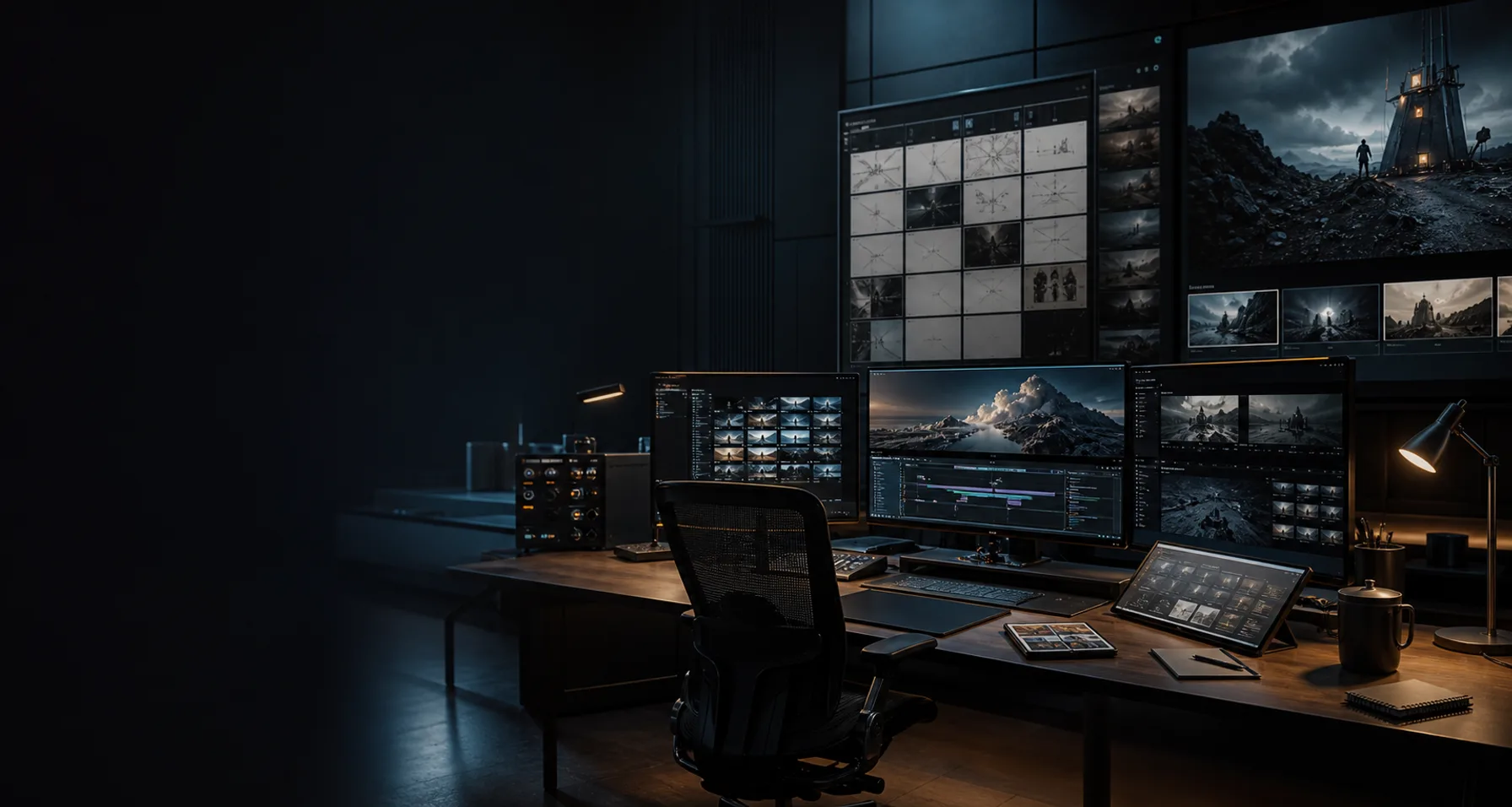 A cinematic production suite with film review monitors and editing timelines
